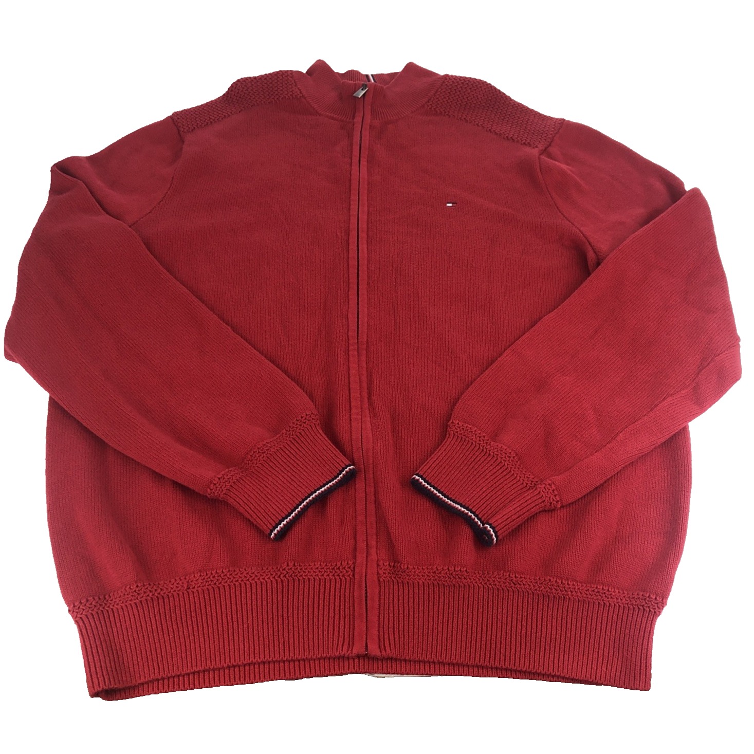 Tommy Hilfiger Mens Sweater Xxl Red Full Zip Mock Neck Flag Logo Knit 2-Way Zip